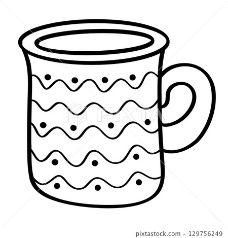 Funny Christmas cup with drink. Christmas, New year concept. Hand drawn illustration Funny Christmas cup with drink. Christmas, New year concept. Hand drawn illustration 129756249
