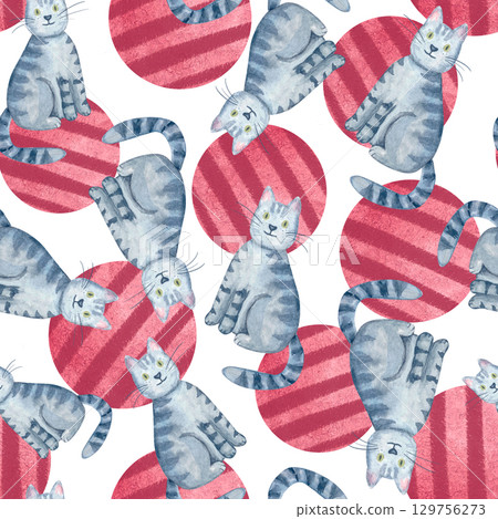 Playful gray tabby cats, textured red circles on white background. Seamless watercolor pattern isolated on white. Fun, hand-painted design ideal for apparel, accessories, wrapping paper, creative Playful gray tabby cats, textured red circles on white background. Seamless watercolor pattern isolated on white. Fun, hand-painted design ideal for apparel, accessories, wrapping paper, creative 129756273