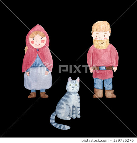 Medieval miller and his wife and gray tabby cat. Watercolor illustration set isolated on black. Hand painted clip art perfect for fairy tales, farm stories, historical books, and packaging design Medieval miller and his wife and gray tabby cat. Watercolor illustration set isolated on black. Hand painted clip art perfect for fairy tales, farm stories, historical books, and packaging design 129756276