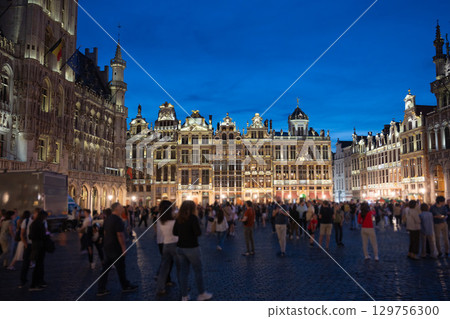 Night view of Grand Place, Brussels City Hall and Guild Houses, Brussels, Belgium 129756300