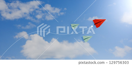 leadership, strategy, innovation, and business success. 3D render of three paper airplanes, one red breaking away with a dotted new path while two green follow a straight line. 129756303