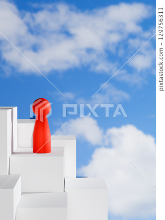 leadership, career advancement, success, and personal growth. 3D render of a red abstract pawn figure standing on top of a white block staircase against a vibrant blue sky with clouds. leadership, career advancement, success, and personal growth. 3D render of a red abstract pawn figure standing on top of a white block staircase against a vibrant blue sky with clouds. 129756311