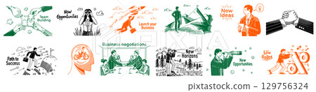 Business and teamwork concepts. Start Up and look for opportunities. Banner in hand drawn outline 129756324