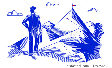 A businessman in suit standing in front of the mountains looking for the path to the top of his 129756329