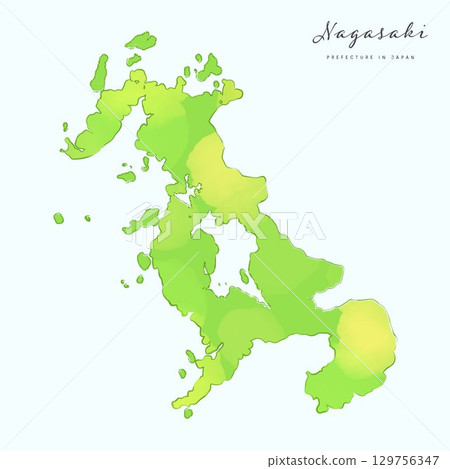 長崎縣水彩地圖。日本47個都道府縣地圖系列的一部分。 129756347