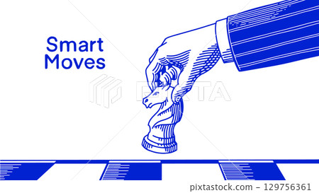 A hand of a businessman doing a knights move in his strategy game on a chess board. Methaphoical 129756361