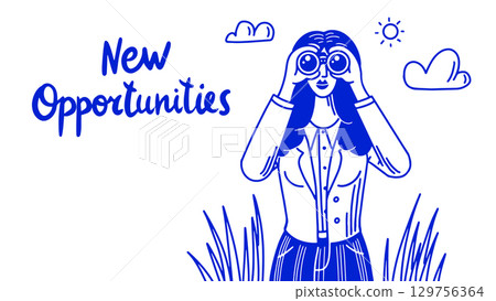 New Opportunities banner with a business lady with binoculars seeking for business conclusions 129756364