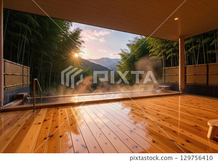 A traditional cypress open-air bath with a spectacular view of a Japanese inn and bamboo forest. 129756410