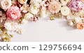 Wedding invitation, anniversary greeting card , Mother's Day card, mockup decorated with pink and creamy  flowers on white background with blank space for text. Flat lay 129756694