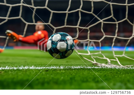 Soccer goal dynamic action shot of ball entering net 129756736