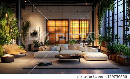Modern living room interior design with plants and large windows 129756836