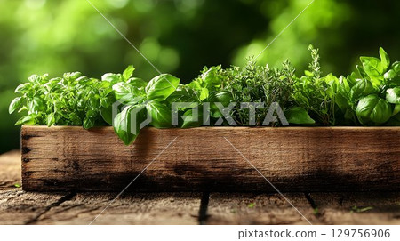 Fresh herbs in wooden box vibrant green culinary background 129756906