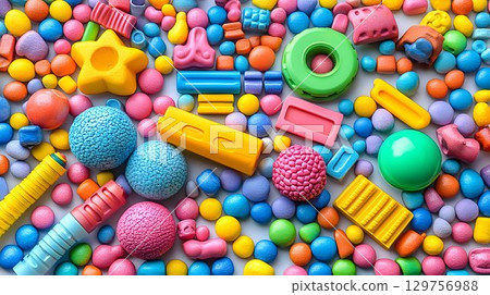 Colorful plastic shapes and objects background 129756988