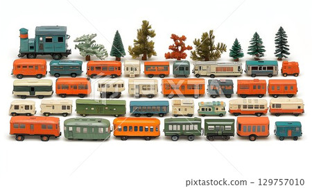 Colorful miniature train car collection with model trees 129757010