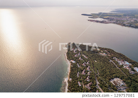 Aerial drone view of resort Lanterna peninsula. Istria, Croatia. Aerial drone view of resort Lanterna peninsula. Istria, Croatia. 129757081