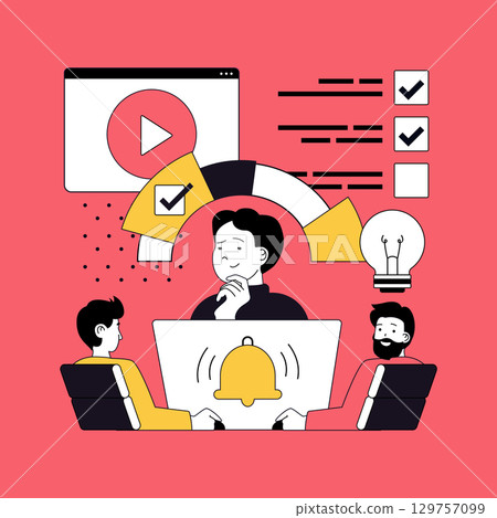 Digital content marketing concept for modern web design. People making data statistic analysis and planning creative online advertisement, targeting and attracting audience. Vector illustration. 129757099