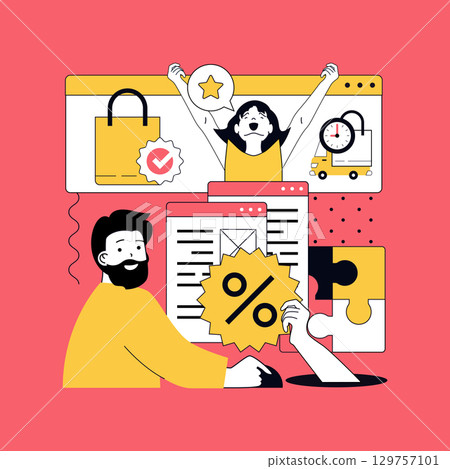 Digital content marketing concept for modern web design. People making online promotion with advertising, targeting and attracting audience, making discount offers for clients. Vector illustration. 129757101
