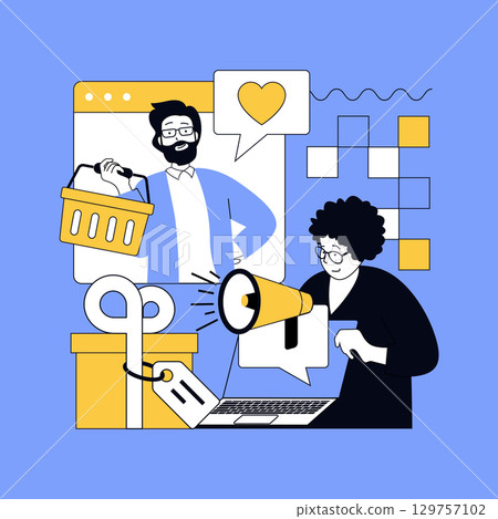 Digital content marketing concept for modern web design. People making internet advertising, targeting audience, doing online promotion with gifts and sale for attracting clients. Vector illustration. 129757102
