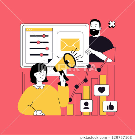 Digital content marketing concept for modern web design. People making internet advertising, targeting audience, analyzing statistics, attracting followers from social network. Vector illustration. Digital content marketing concept for modern web design. People making internet advertising, targeting audience, analyzing statistics, attracting followers from social network. Vector illustration. 129757108