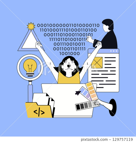 Design software development concept for modern web design. People creating program code, brainstorming and engineering application, computing and working with colors swatches. Vector illustration. 129757119