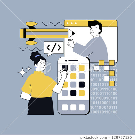 Design software development concept for modern web design. People creating mobile program code, engineering and building application, programming and computing, processing script. Vector illustration. 129757120