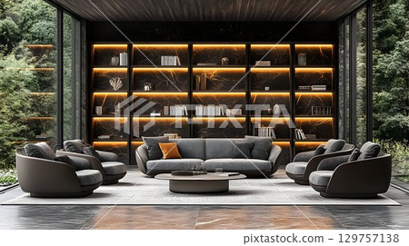 Modern living room interior with gray sofa and bookcase 129757138