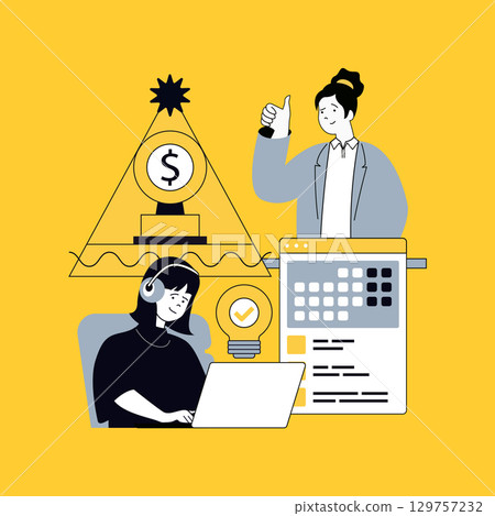 Business technology concept for modern web design. People working in team at workplaces, planning tasks with calendar, achieving goals and increase profit, winning trophy awards. Vector illustration. Business technology concept for modern web design. People working in team at workplaces, planning tasks with calendar, achieving goals and increase profit, winning trophy awards. Vector illustration. 129757232