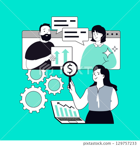 Business technology concept for modern web design. People analyzing financial data statistic, colleagues collaboration and communication at meeting, achieving goals in teamwork. Vector illustration. 129757233