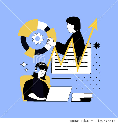 Basic office concept for modern web design. People analyzing graphs and charts, setting project financial goals, working online, colleagues coworking with productivity workflow. Vector illustration. Basic office concept for modern web design. People analyzing graphs and charts, setting project financial goals, working online, colleagues coworking with productivity workflow. Vector illustration. 129757248