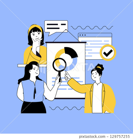 Basic office concept for modern web design. People researching financial charts report at presentation, discussing strategy, analyzing data, cooperating, collaborating at meeting. Vector illustration. Basic office concept for modern web design. People researching financial charts report at presentation, discussing strategy, analyzing data, cooperating, collaborating at meeting. Vector illustration. 129757255