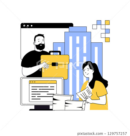 Basic office concept for modern web design. People doing paperwork in office, planning investments for company financial growth, making reports with charts, employee workflow. Vector illustration. 129757257