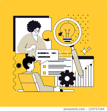 All good ideas concept for modern web design. People making finance expertise and discussing, brainstorming best ideas, planning strategy, developing startup projects at meeting. Vector illustration. All good ideas concept for modern web design. People making finance expertise and discussing, brainstorming best ideas, planning strategy, developing startup projects at meeting. Vector illustration. 129757264