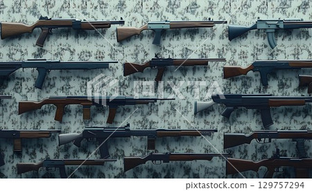 Firearm collection overhead view of rifles and guns displayed on a textured wall 129757294