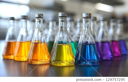 Colorful liquids in erlenmeyer flasks chemistry experiment research lab 129757295