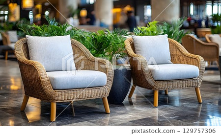 Modern wicker armchairs in a relaxing interior setting 129757306
