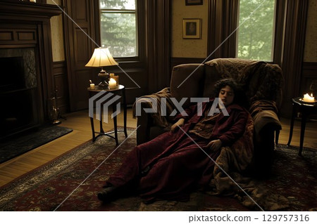 Person relaxing in vintage armchair dark interior 129757316
