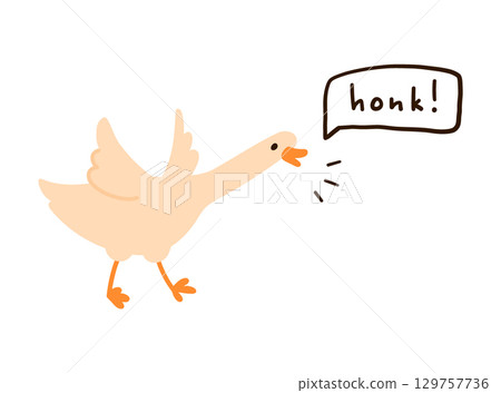 Cute White Goose Running and Honking with Speech Bubble. Simple Flat Style, Opened Orange Beak and Feet, Isolated on White. Great for Kids, Memes, Farm, Animal Design Projects 129757736