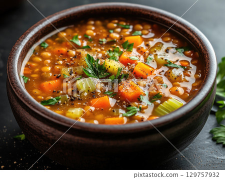 Warm and comforting Lentil soup  with vegetables 129757932