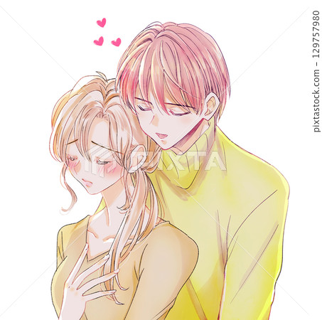 A man clinging to a blushing woman, backlit 129757980