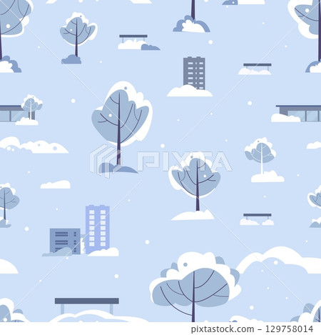 Winter park seamless pattern. Tree in snow, snowdrifts, benches and building. Seasonal snowy background, fabric wallpaper print, vector design Winter park seamless pattern. Tree in snow, snowdrifts, benches and building. Seasonal snowy background, fabric wallpaper print, vector design 129758014