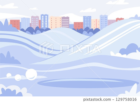 Snowy city park with hills for skiing and sledding. Empty town on christmas vacations. Outdoor activities area with snowdrifts, vector landscape Snowy city park with hills for skiing and sledding. Empty town on christmas vacations. Outdoor activities area with snowdrifts, vector landscape 129758016