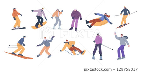 Skiing sledding and snowboarding characters. People in winter sport outfits. Sport man woman on skates. Seasonal outdoor activities, vector set Skiing sledding and snowboarding characters. People in winter sport outfits. Sport man woman on skates. Seasonal outdoor activities, vector set 129758017