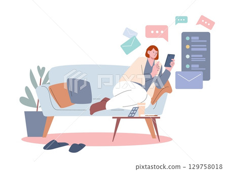 Sick woman working via smartphone. Female businesswoman sitting on sofa with medications and scrolling phone, chatting and answering email, vector scene Sick woman working via smartphone. Female businesswoman sitting on sofa with medications and scrolling phone, chatting and answering email, vector scene 129758018