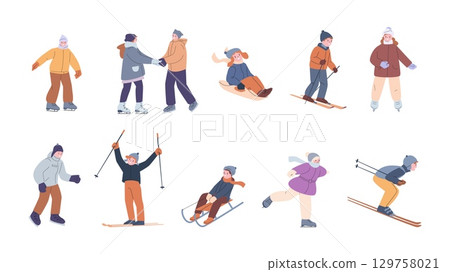 Children winter activities. Skiing skating and sledding characters. Isolated kids training on skates. Seasonal outdoor games, vector clipart Children winter activities. Skiing skating and sledding characters. Isolated kids training on skates. Seasonal outdoor games, vector clipart 129758021