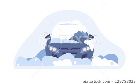 Car in snowdrift. Snow cap on auto, vehicle after snowstorm. Seasonal winter problems, snowy day in village or town. Personal transport vector scene Car in snowdrift. Snow cap on auto, vehicle after snowstorm. Seasonal winter problems, snowy day in village or town. Personal transport vector scene 129758022