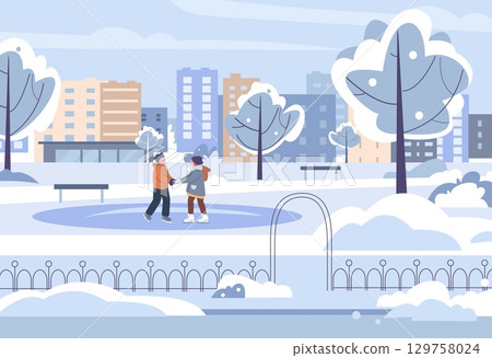 Boy and girl skating in city park. Children on skating rink, toddlers skates. Happy kids friends, childish sympathy. Winter outdoor activities, vector scene 129758024