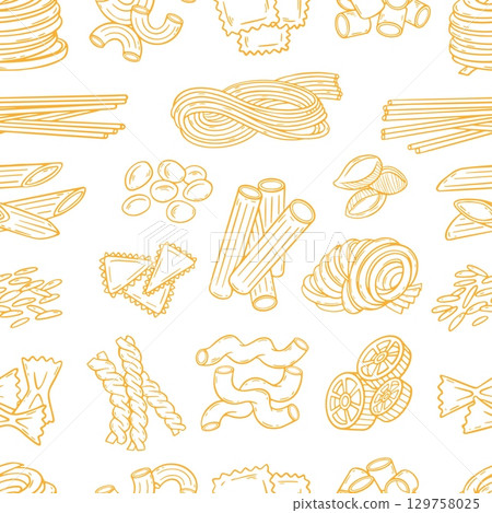 Doodle pasta pattern. Traditional italian meal ingredients, different types of pasta. Hand drawn print design for fabric, wrapping, menu, neoteric vector background 129758025