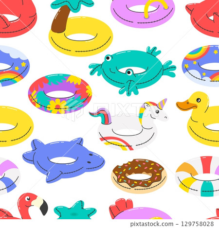 Rubber rings seamless pattern. Children inflatable ring different shapes. Swimming support accessories. Print for fabric, wallpaper, neoteric vector background 129758028