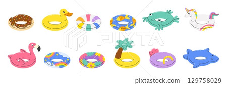 Cartoon rubber pool rings. Swimming tools, inflatable ring different design. Donut, duck unicorn frog, ring with palm tree. Swim accessories neoteric vector set 129758029