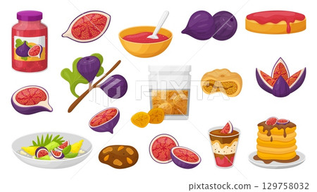 Fig desserts. Sweet fig fruits and desserts, marmalade and jam in jar, toast and pancakes. Organic healthy vitamin food, breakfast meal, neoteric vector set 129758032